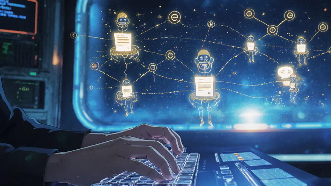 A developer controlling a network of AI agents working together on a holographic Solana blockchain interface.
