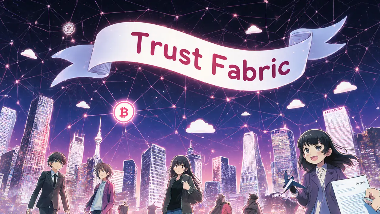 A global network of cities connected by glowing blockchain threads, with citizens verifying identities effortlessly.