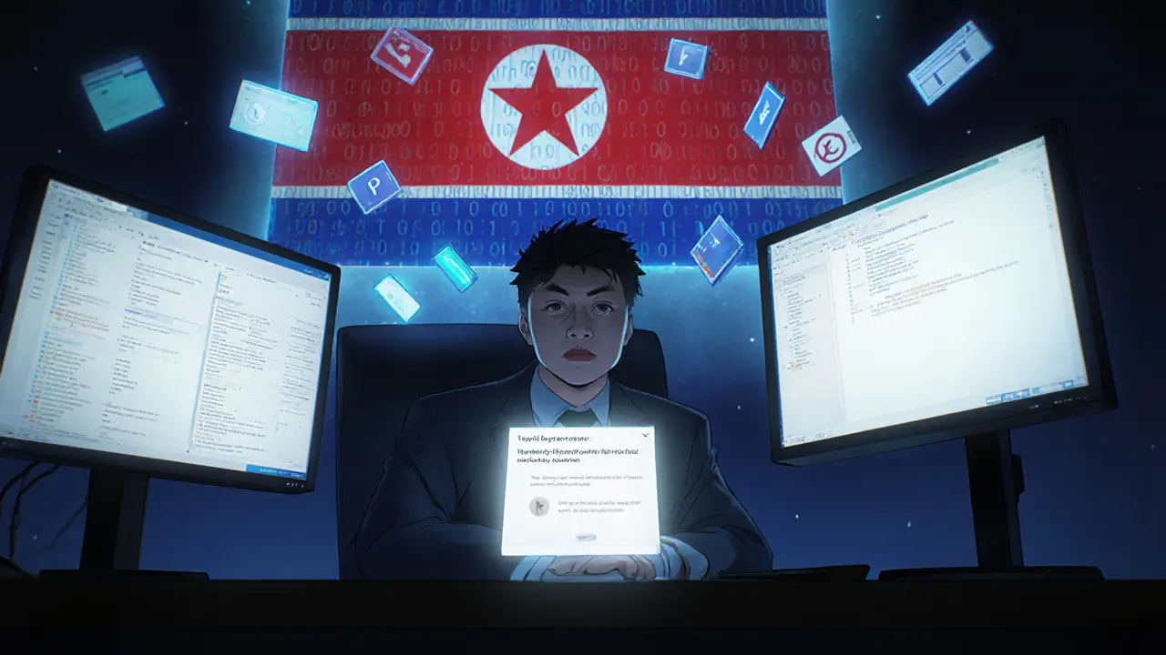 A shocked employee stares at a fraudulent transaction popup, surrounded by failing security systems in a dim office.