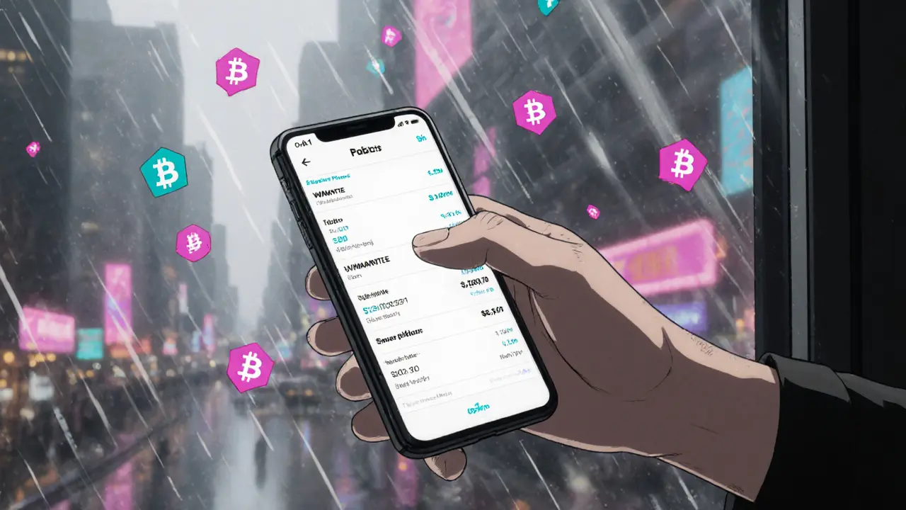 A smartphone shows the minimalist Merchant Moe app with tokens swapping, rain reflecting neon lights outside.