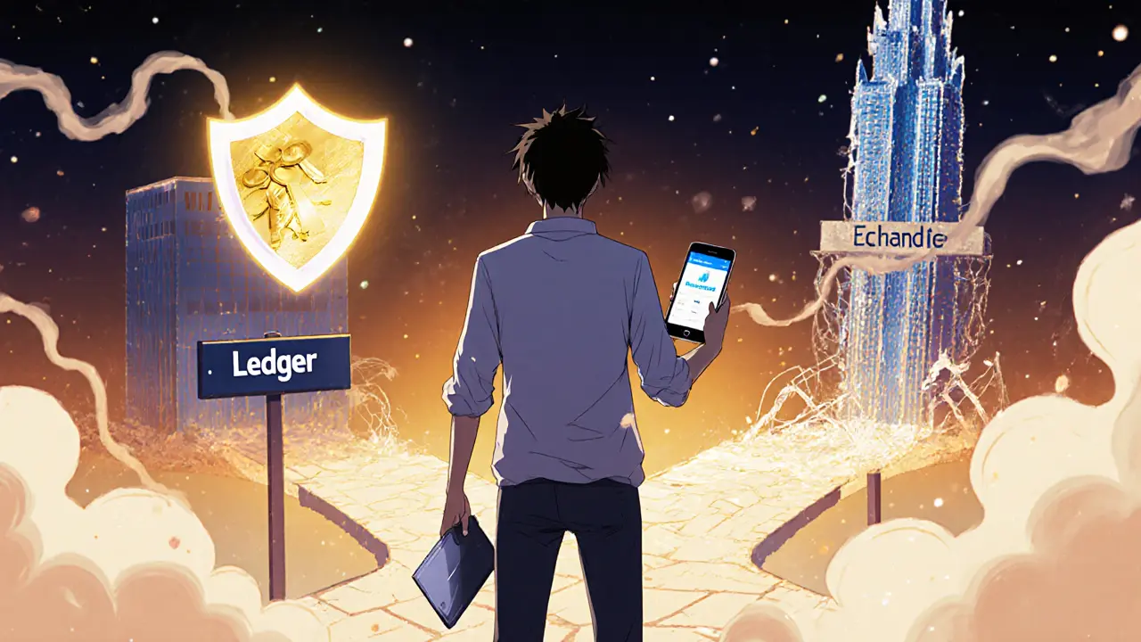 A user stands at a crossroads between a hardware wallet and a crumbling exchange tower, symbolizing self-custody vs. centralized risk.