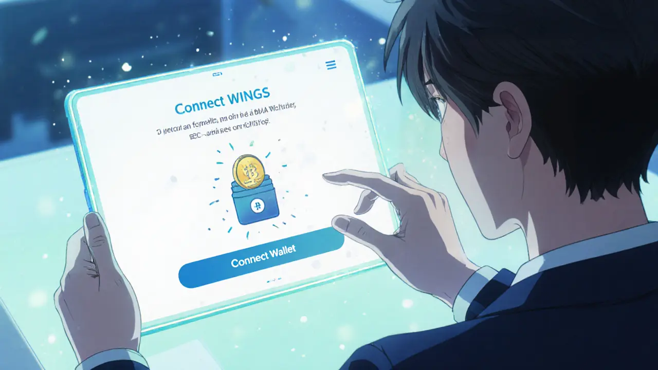 Anime character connecting a wallet and claiming WINGS tokens on a tablet.