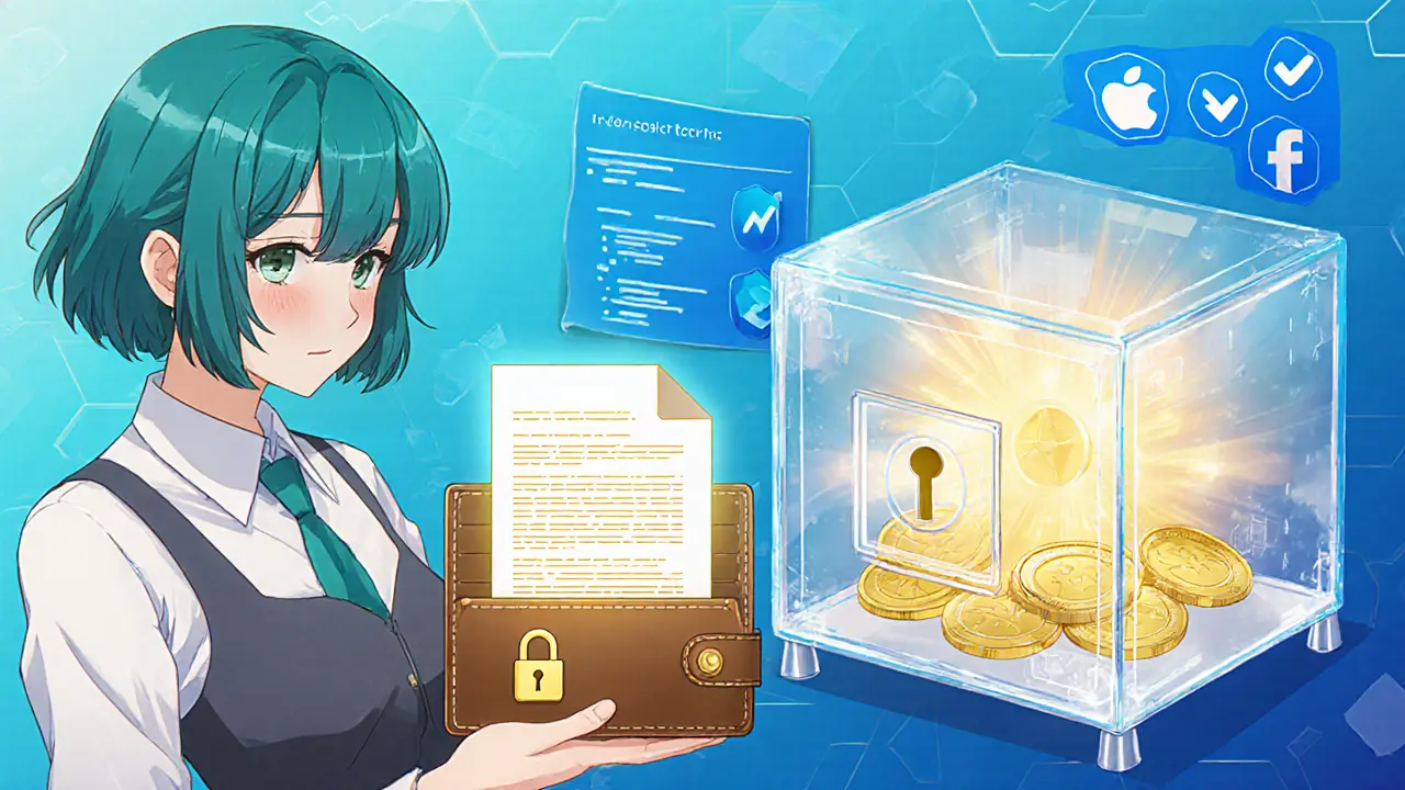 Anime character connects a wallet to a laptop, with a glowing token vault and verified badges.