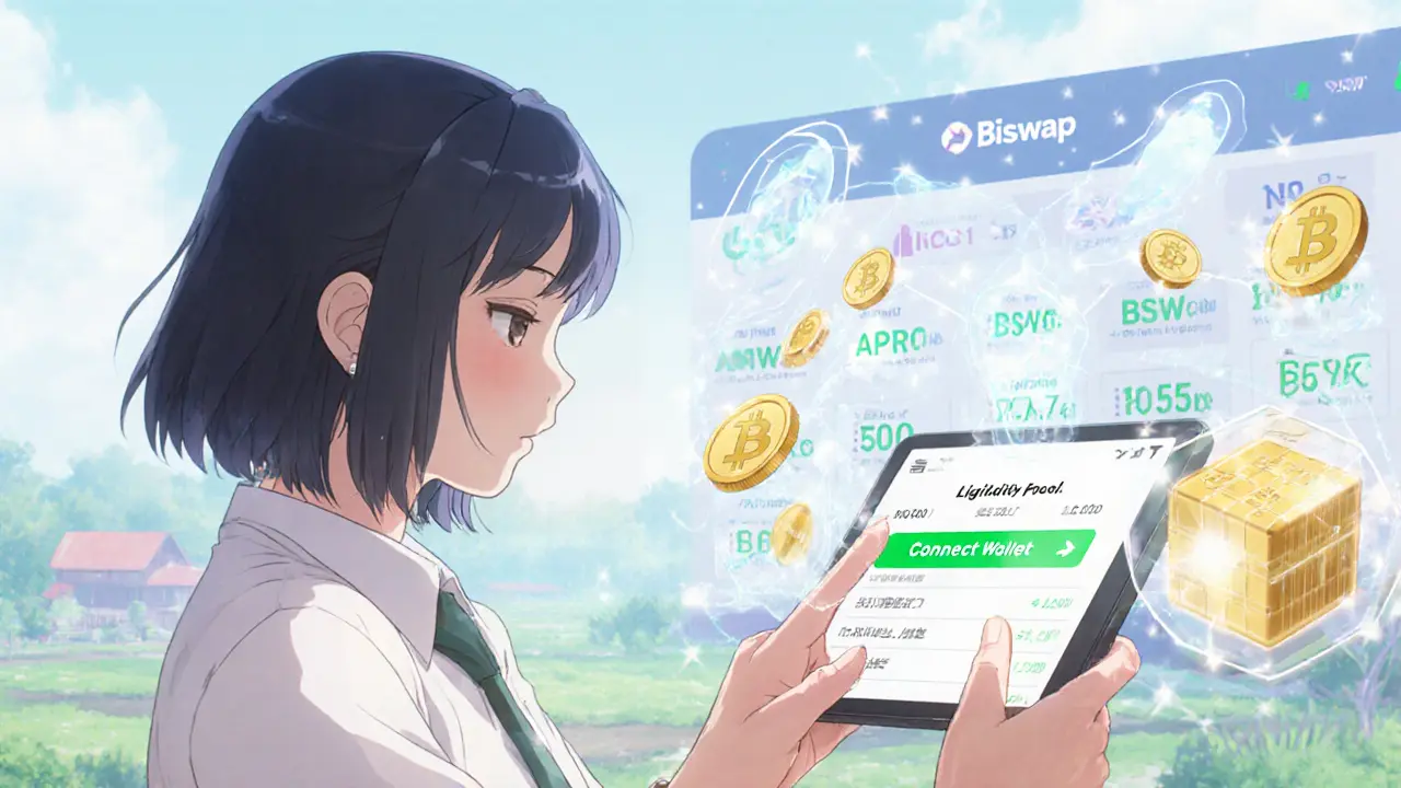 Anime character connects wallet and stakes BSW liquidity tokens in a bright UI.