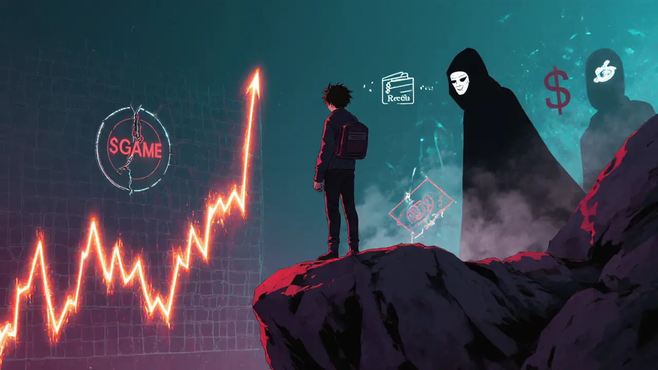 Anime figure on a cliff overlooking volatile price graphs and warning symbols.