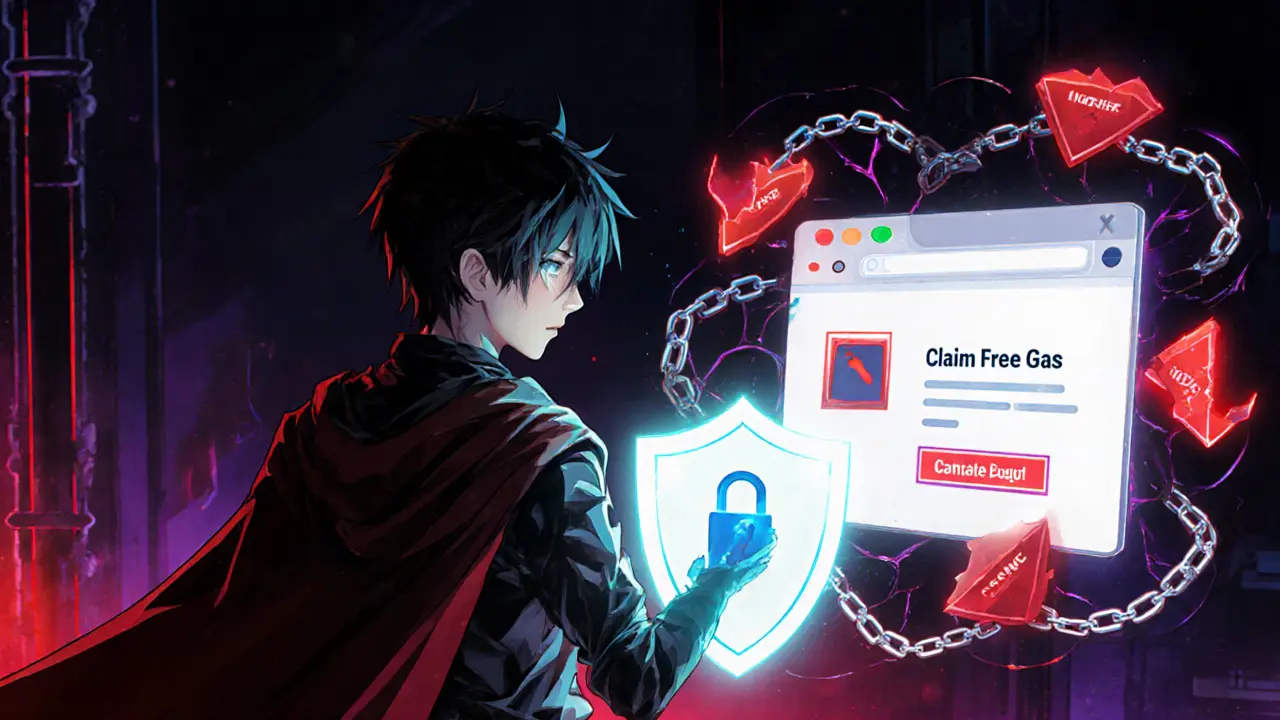 Anime hero with shield protecting a wallet from a phishing site with red warning signs.