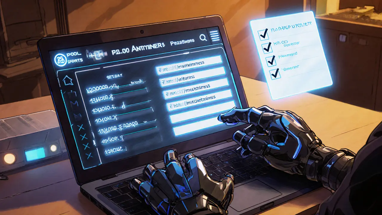 Anime miner configuring a mining rig via a stylized web UI with floating checklist.
