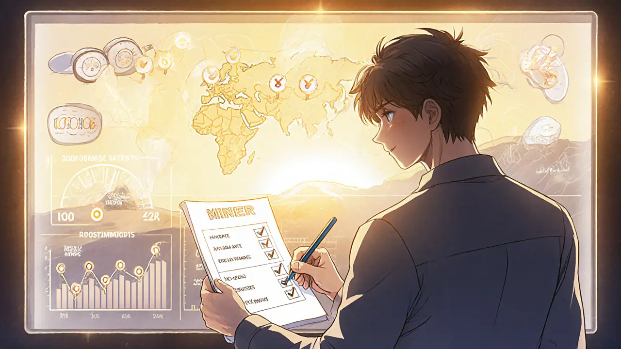 Anime miner reviewing glowing performance dashboard and world map after switching pools.