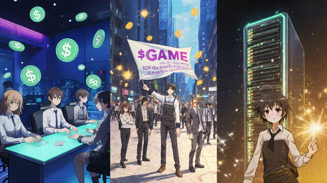 Anime scene showing staking, social quests, and validator nodes rewarding $GAME.