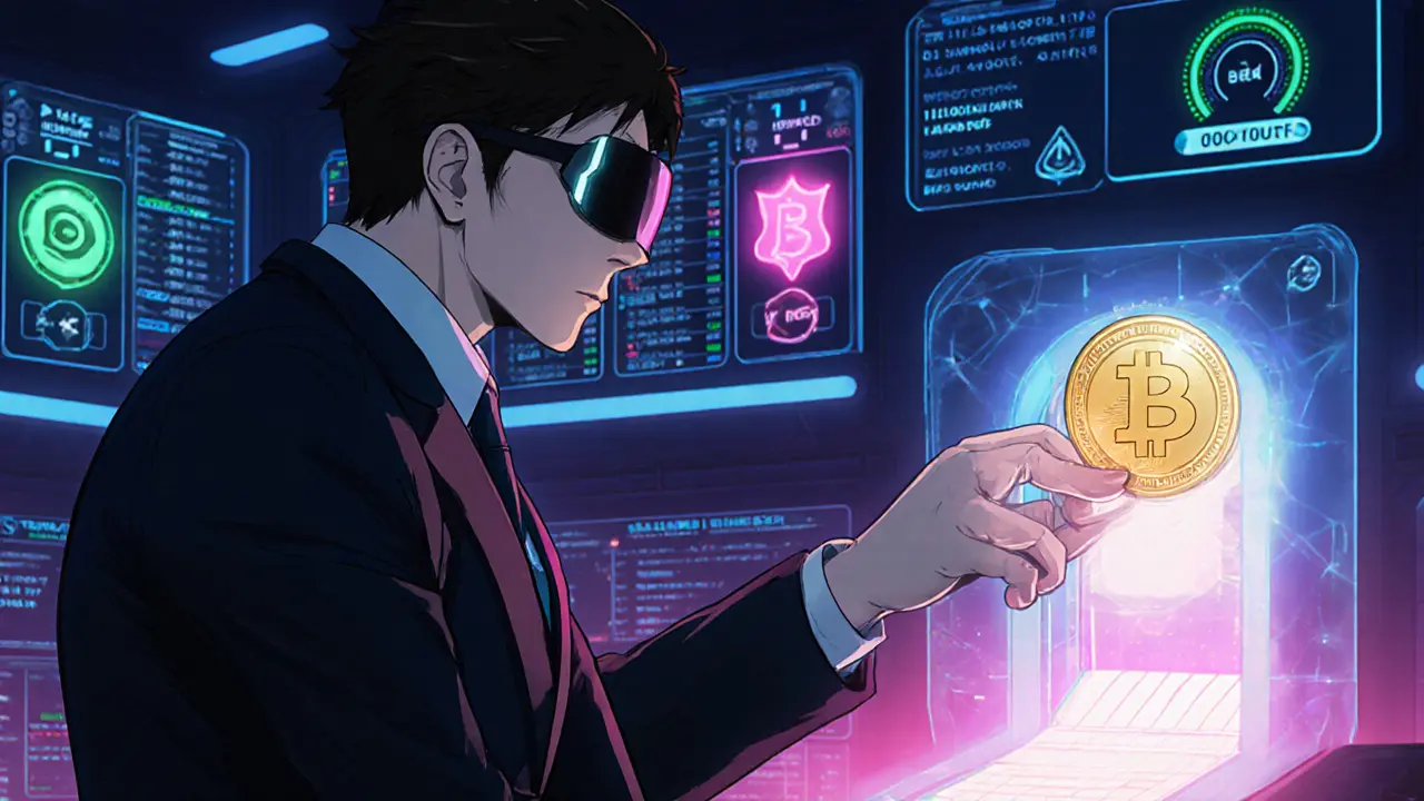 Anime trader in a high‑tech room monitoring fast, confidential L‑BTC transfers.