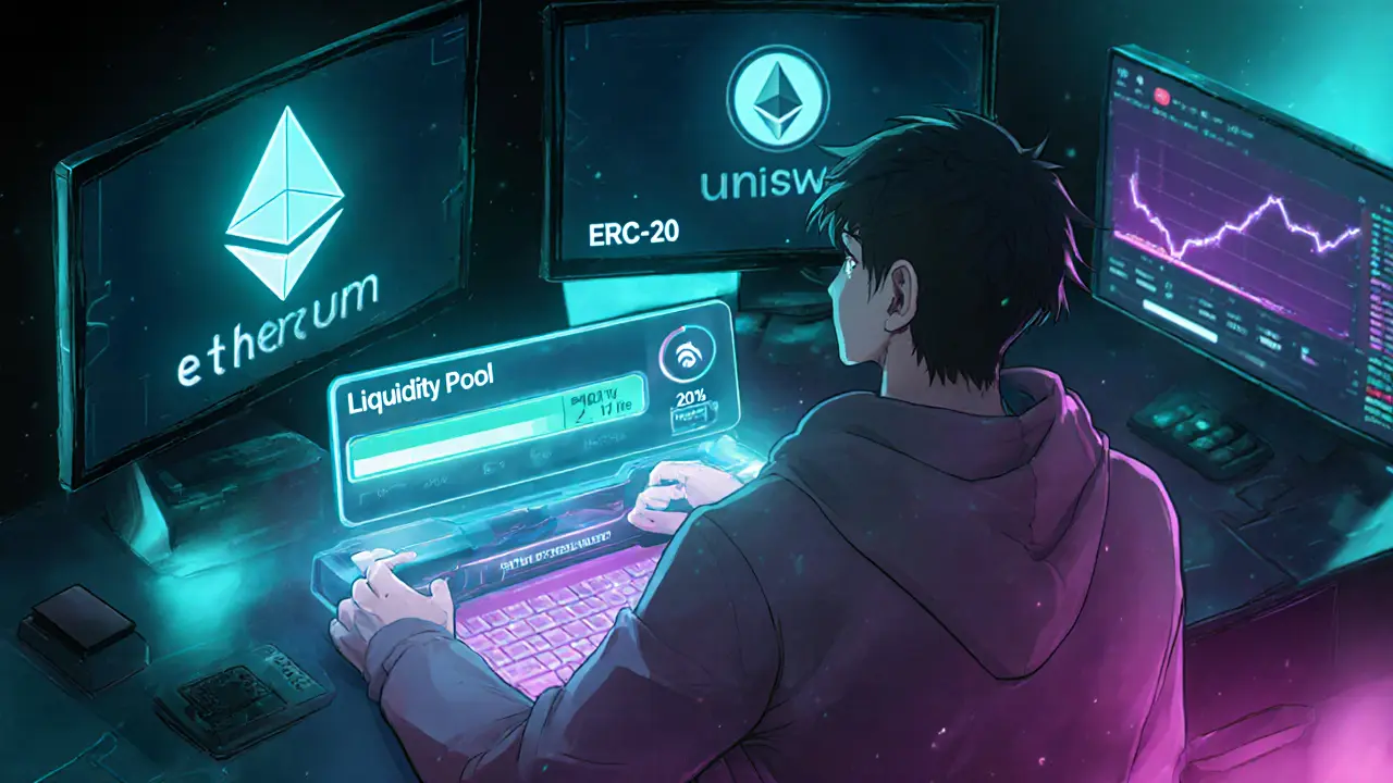 Anime trader viewing Ethereum and Uniswap screens with THC token data.