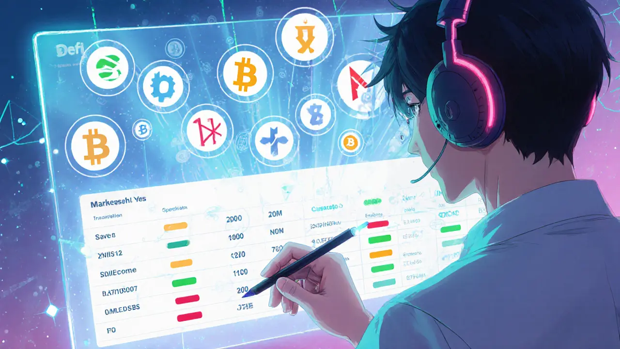 Cel-shaded DeFi dashboard scanning multiple blockchains with risk scores and stablecoins.