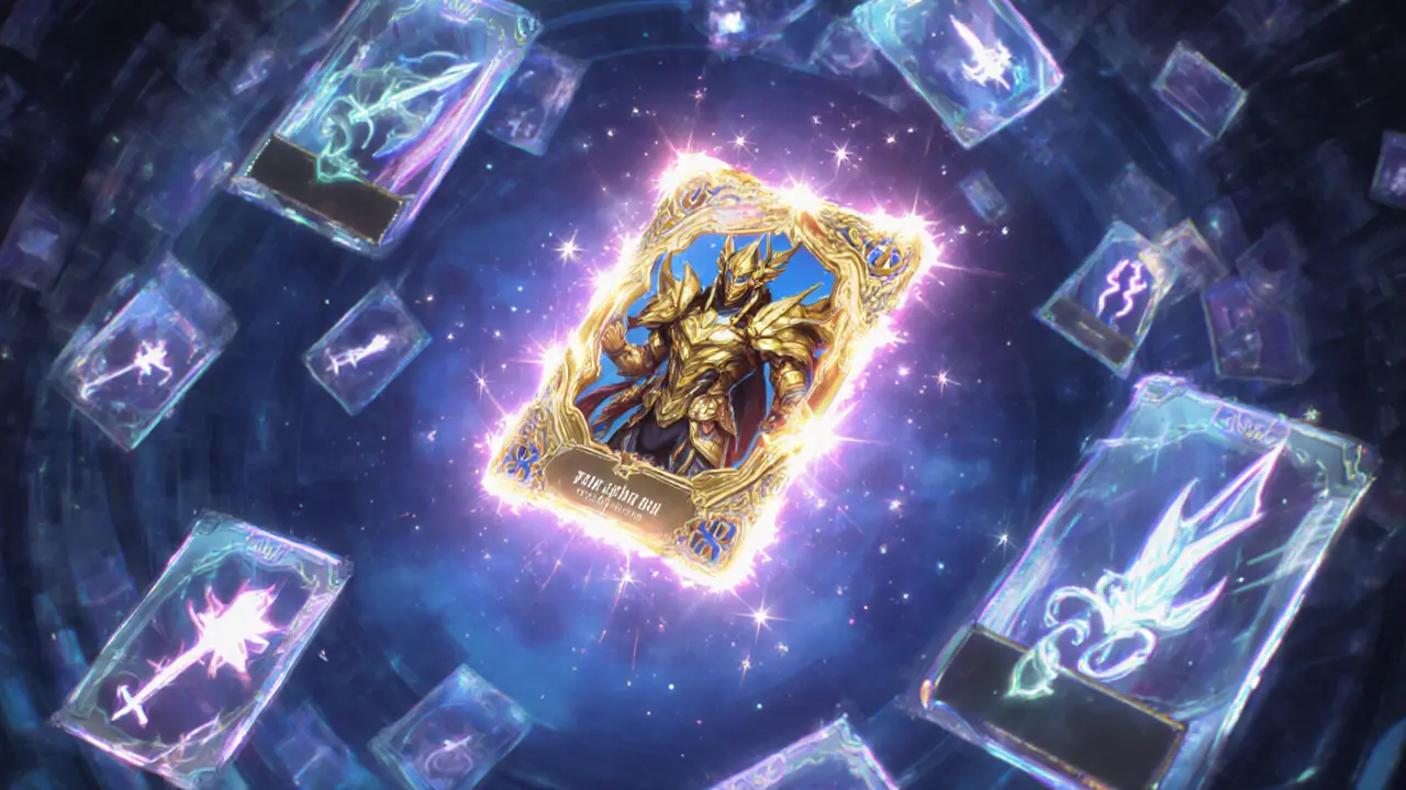 Cel‑shaded NFT minting chamber featuring a Legendary Warrior card and Tesla hint.