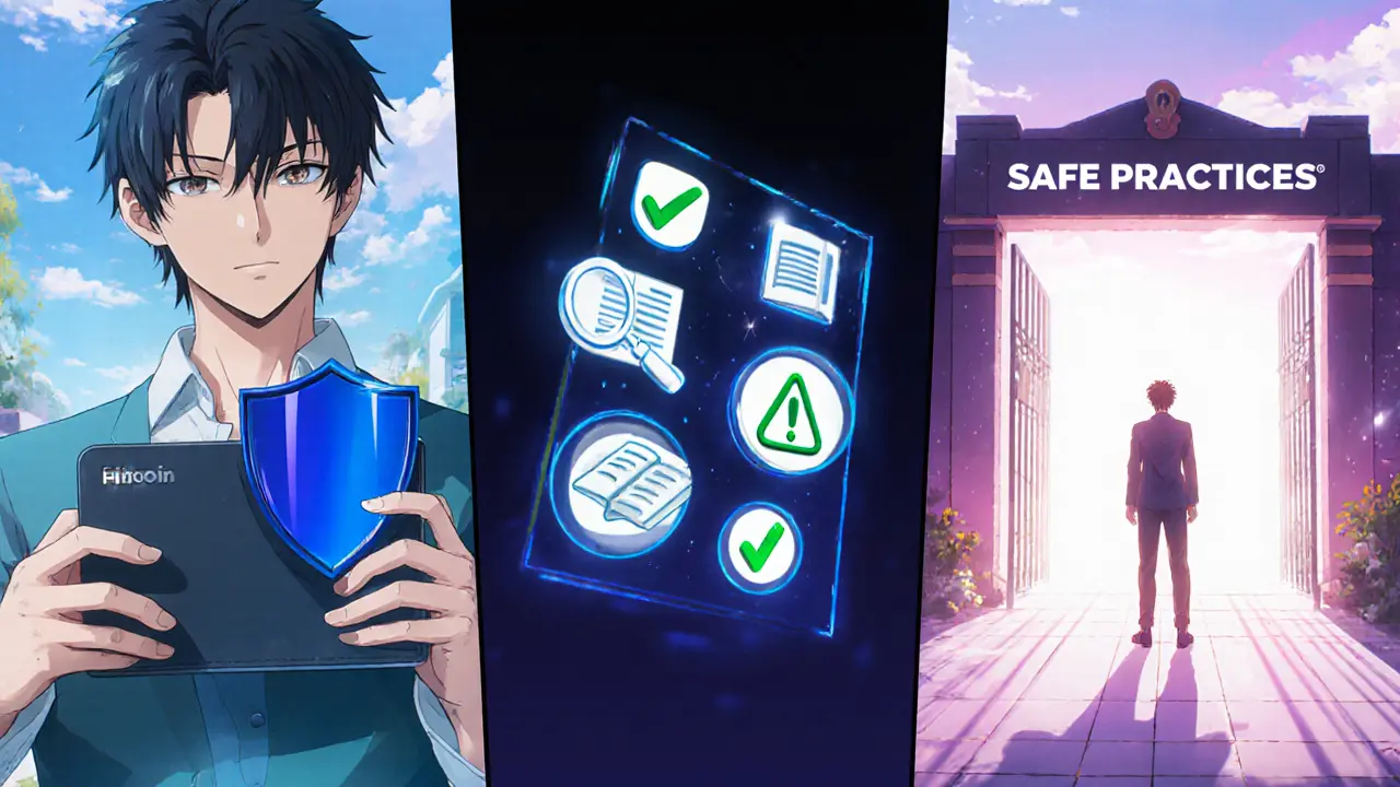 Character holds hardware wallet, checks safety icons, and stands before a glowing gate of safe practices.