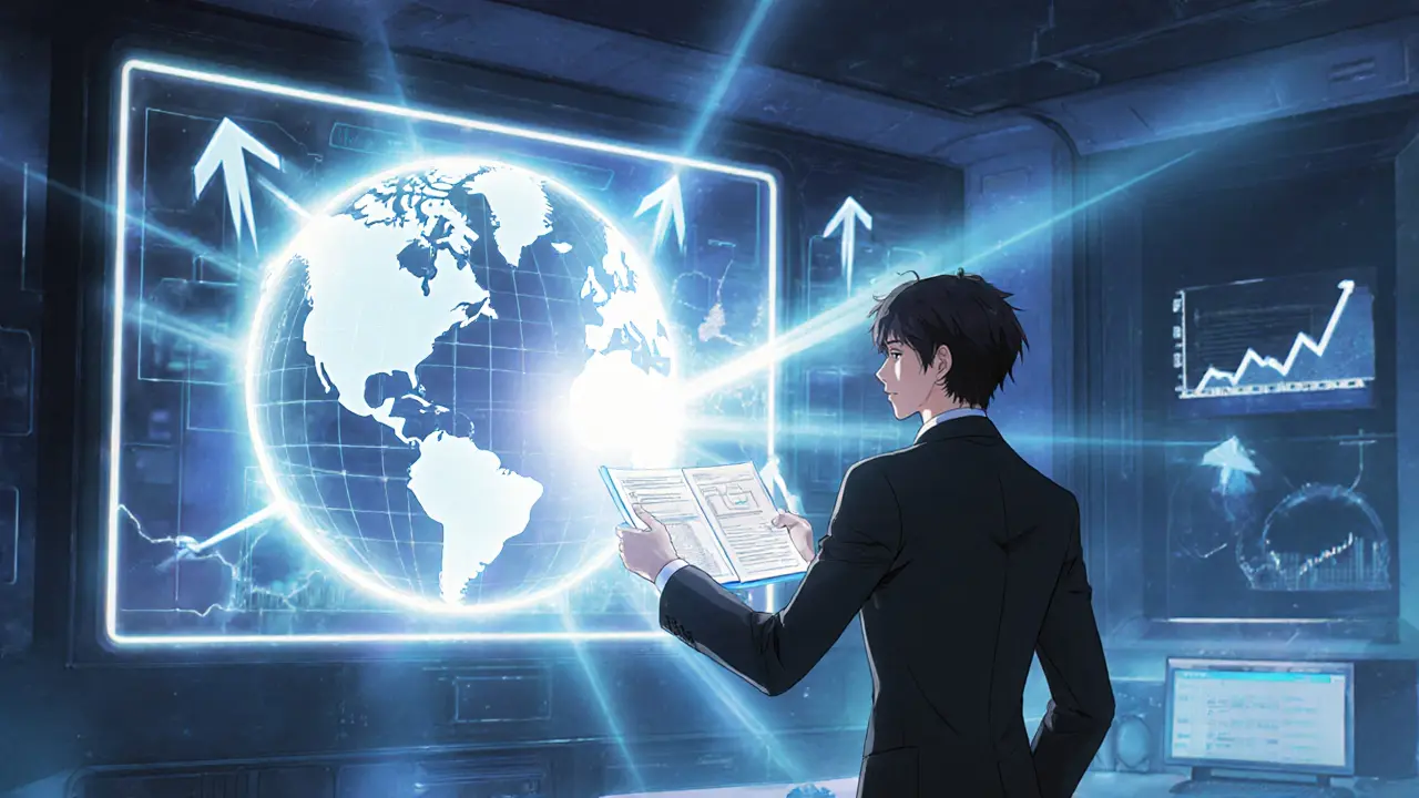 Compliance officer in futuristic hub reviewing dossiers with glowing globe.