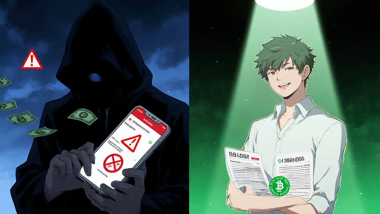 Contrasting scenes: risky unlicensed crypto use vs. safe, verified trading on a licensed platform.