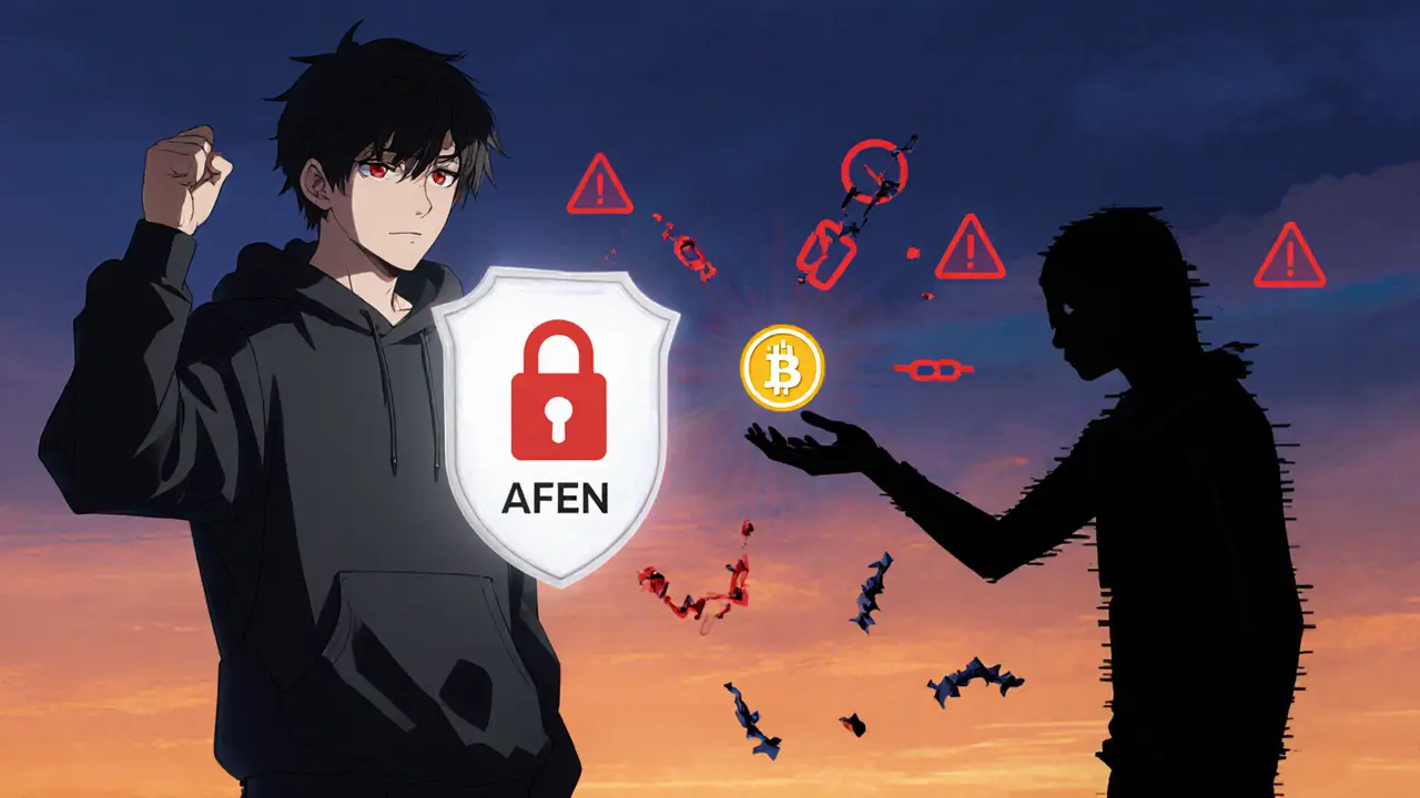 Determined teen holds a shield with a lock, facing a shadowy scammer offering a fake token.