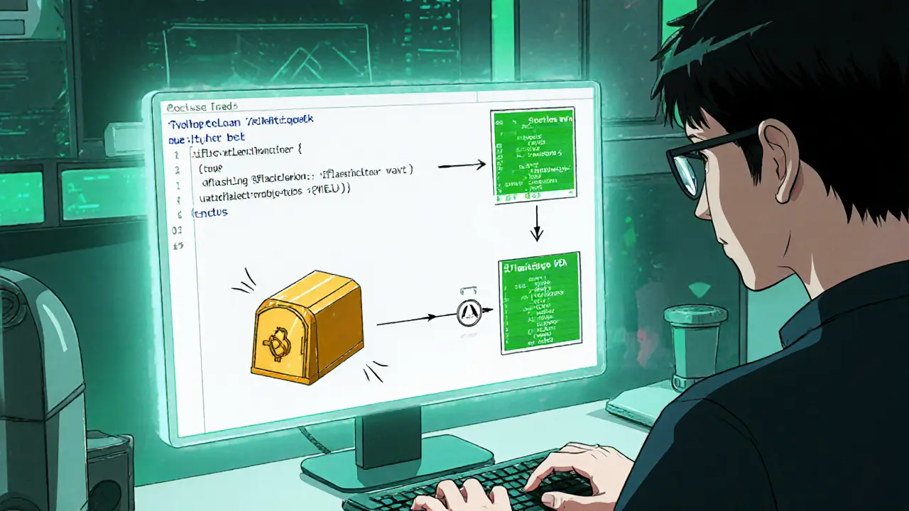 Developer coding Solidity with floating screens showing flash‑loan steps.