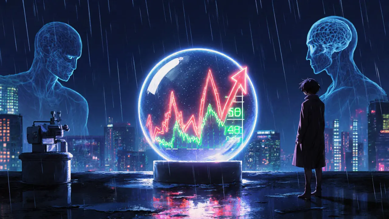 Figure on rooftop looking at a crystal ball showing volatile THC price chart.