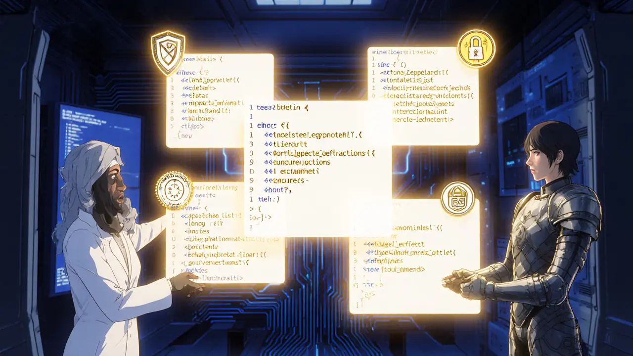 Floating Solidity code surrounded by protective icons and characters reinforcing smart contract security.