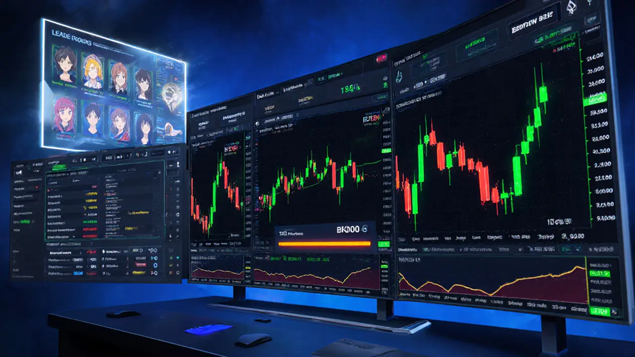 Futures trading dashboard showing 125x leverage, charts, and copy‑trading leaderboard.