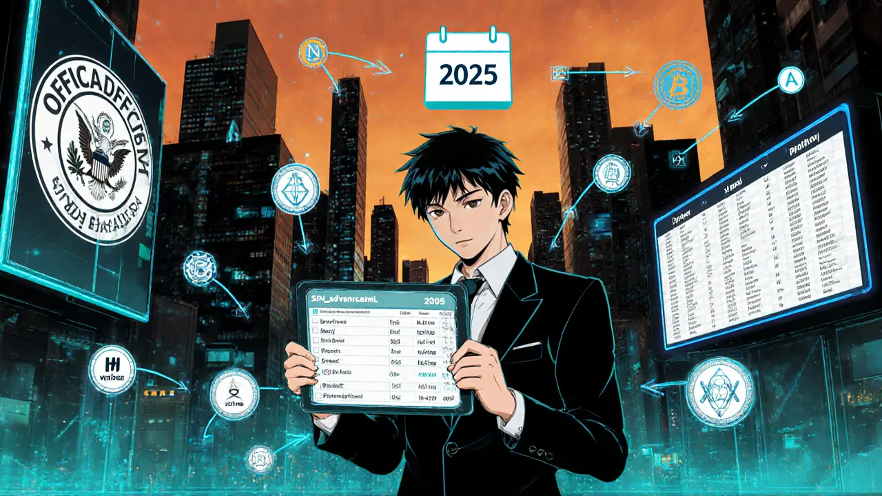 Futuristic anime city showing OFAC symbols, AI bot icons, and real‑time sanction feed.