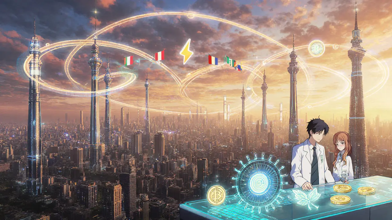 Futuristic anime cityscape showing expanded Liquid federation and upcoming upgrades.