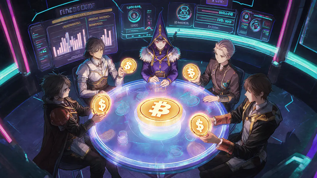 Futuristic anime lobby with players holding $MCRT tokens and a DAO dashboard.