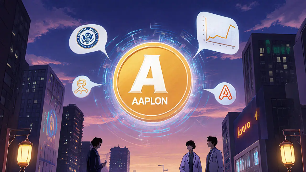 Futuristic city with a holographic AAPLon token linked to DeFi symbols and expert silhouettes.