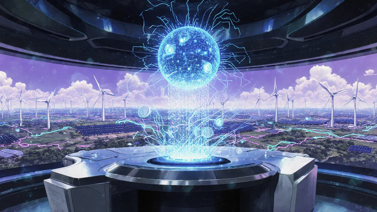 Futuristic control center with AI core projecting digital energy tokens across a carbon‑neutral landscape.