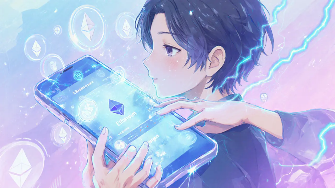 Futuristic mobile interface showing Ethereum integration and cross-chain transactions