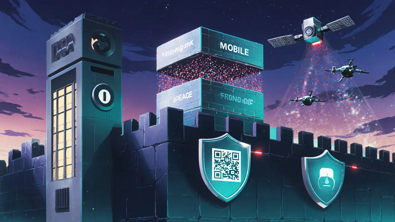 Futuristic security fortress showing DAO tower, contract wall, wallet shield, ZKP veil, and monitoring drones.