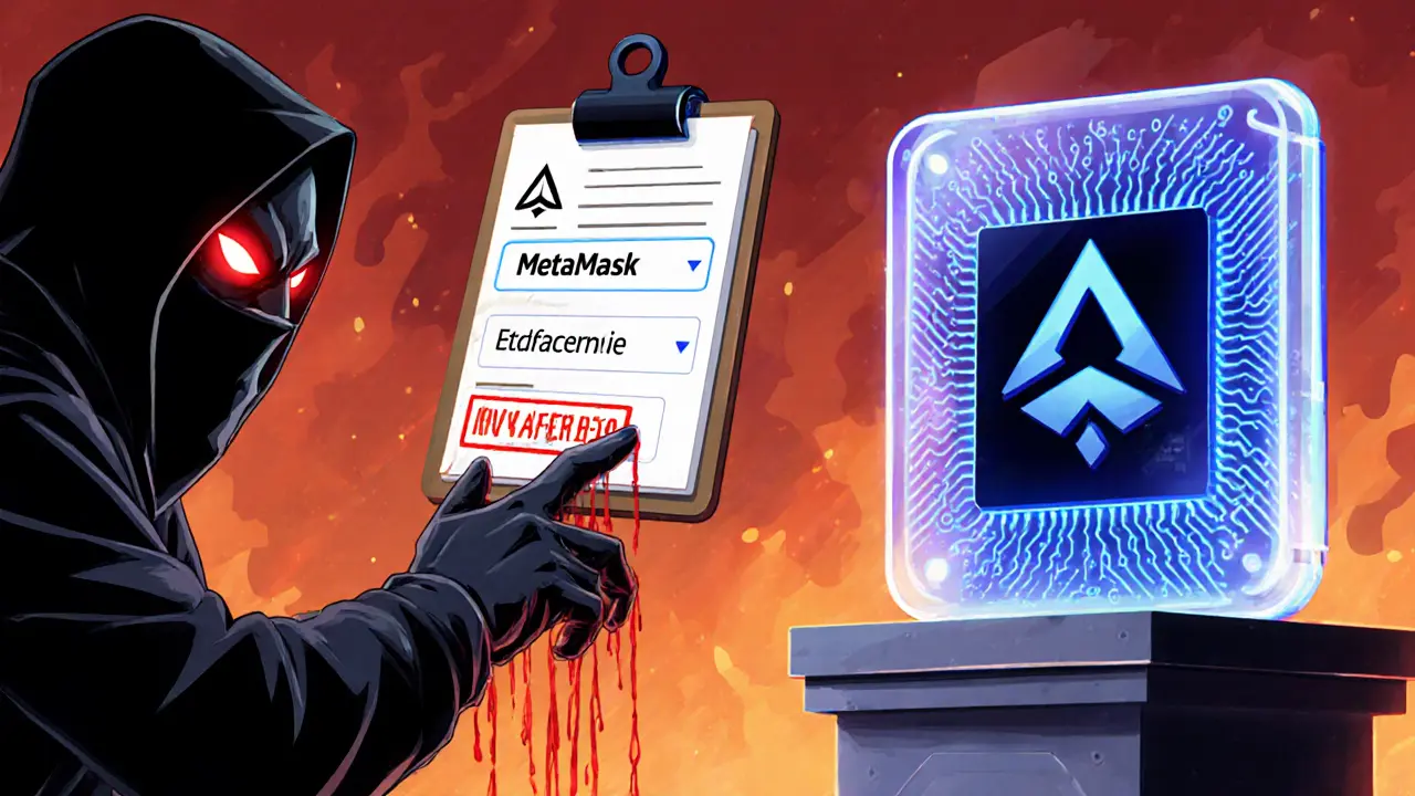 Hacker reaching for a clipboard while a hardware wallet glows blue beside a phishing dApp screen.