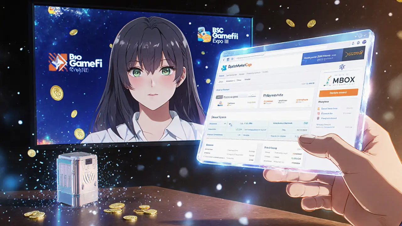 Hand connecting a wallet to a holographic CoinMarketCap screen with MBOX tokens raining down and a live stream in the background.