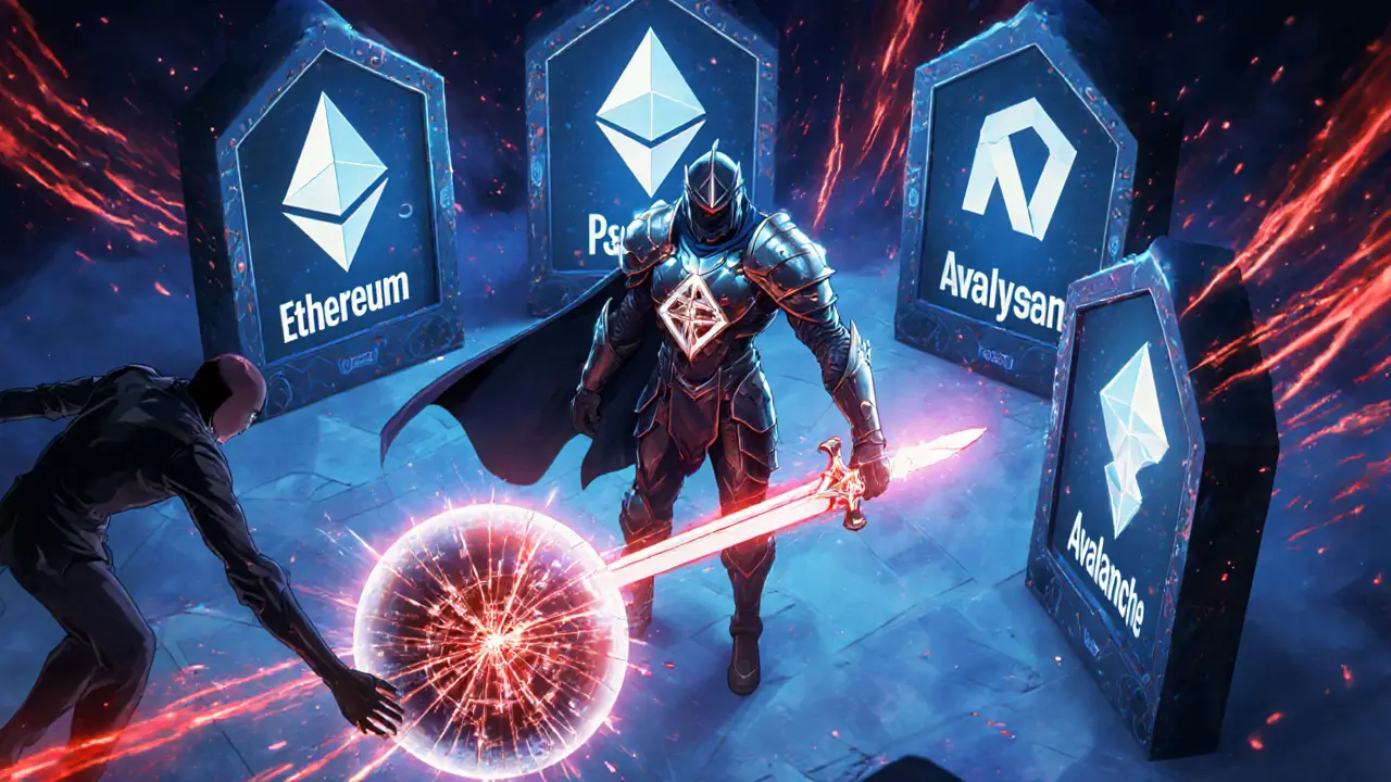 Heroic figure defending cross‑chain portals from a flash‑loan attacker.