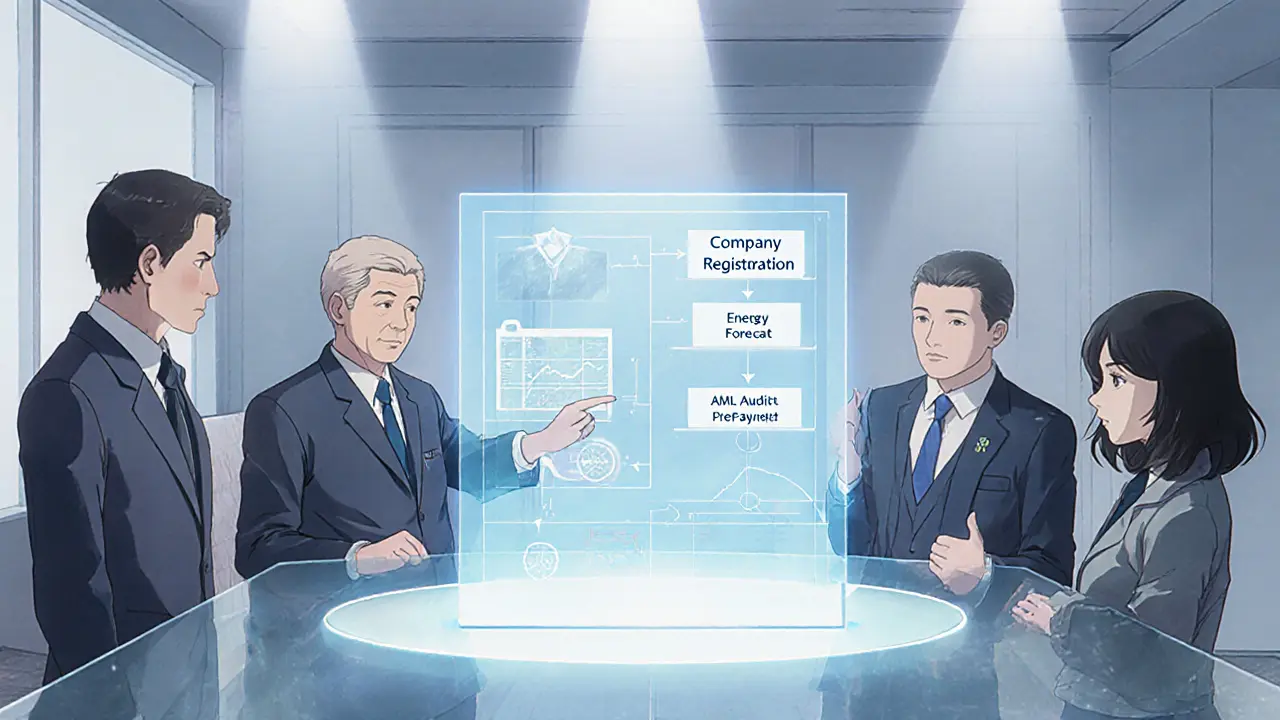 Kazakh officials and a miner review a holographic licensing process in a briefing room.
