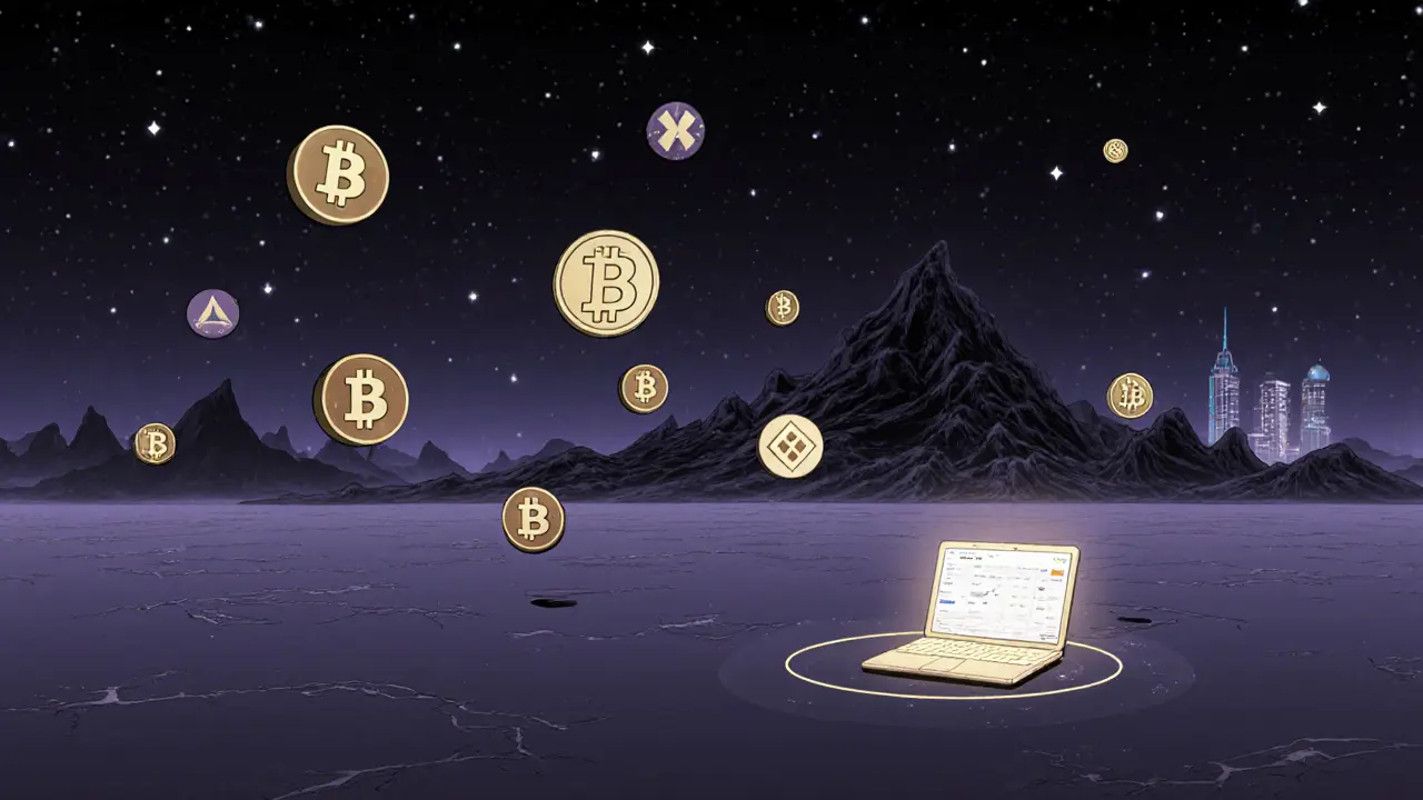 Nine isolated crypto tokens float alone in a vast digital void, dwarfed by giant exchanges in the distance.