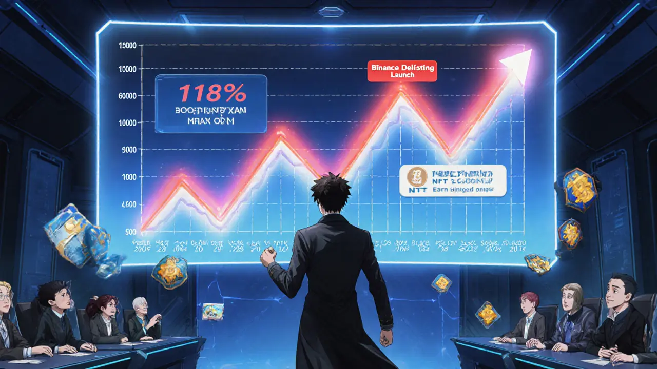 Protagonist watches price dip then rise on holographic chart after Binance delisting.