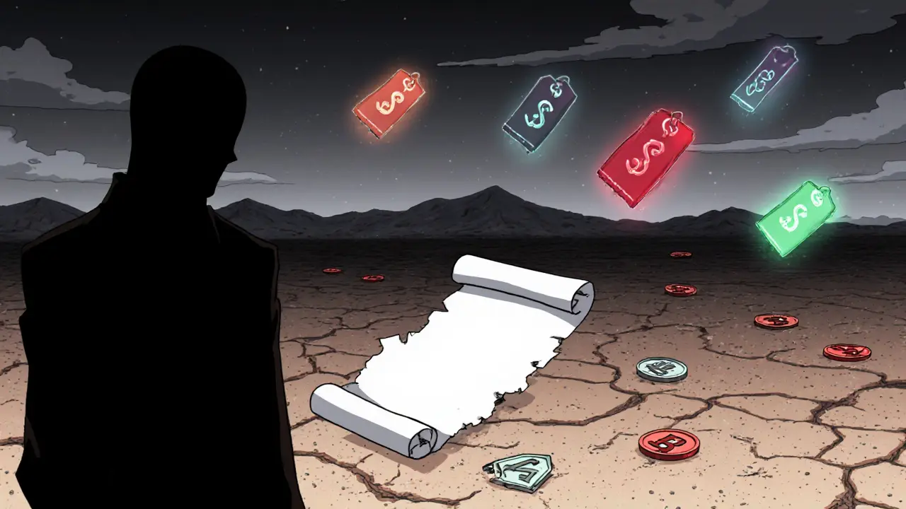 Shadowy figure, torn parchment, desert with sinking token icons, and floating price tags illustrate red flags.
