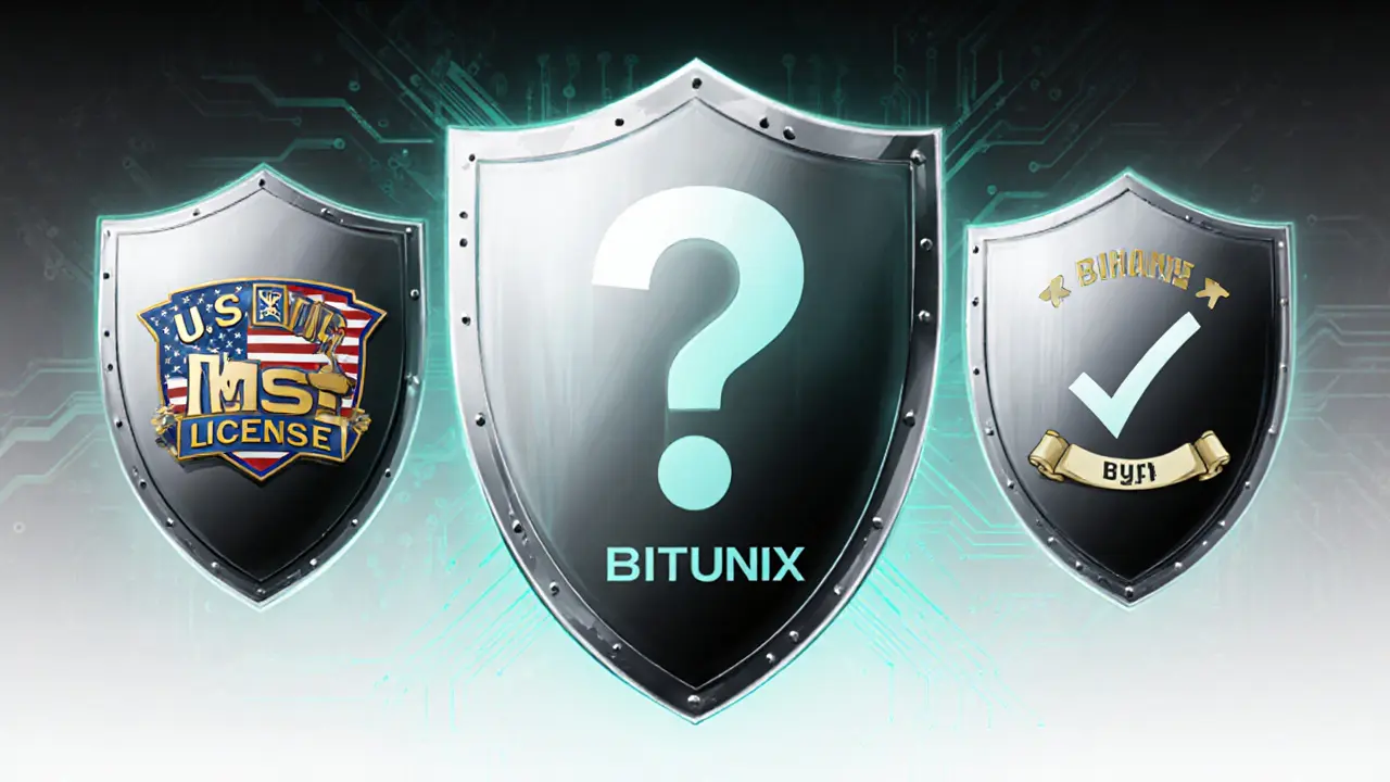 Shield comparison depicting Bitunix security question mark beside audited Binance and Bybit.