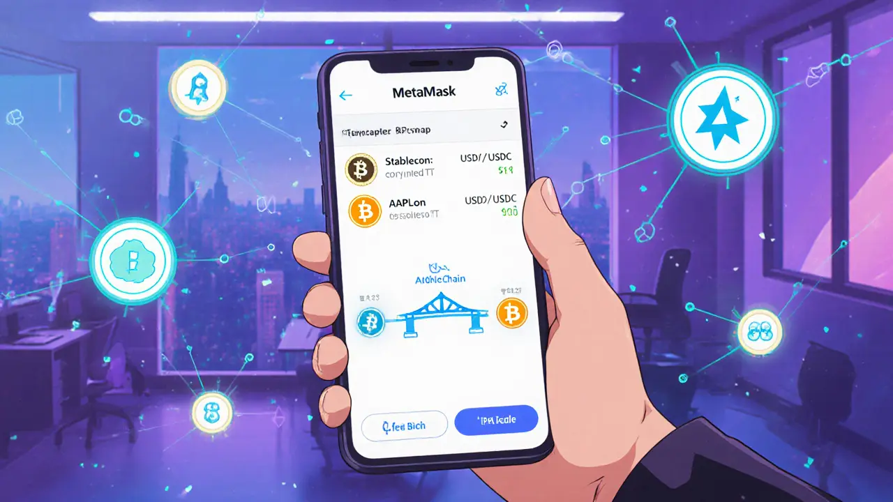 Smartphone shows MetaMask swapping stablecoins for AAPLon tokens with gas fee icons.