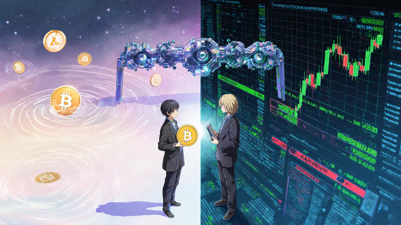 Splitâscene anime showing AMM pool and orderâbook chart linked by a blockchain bridge.