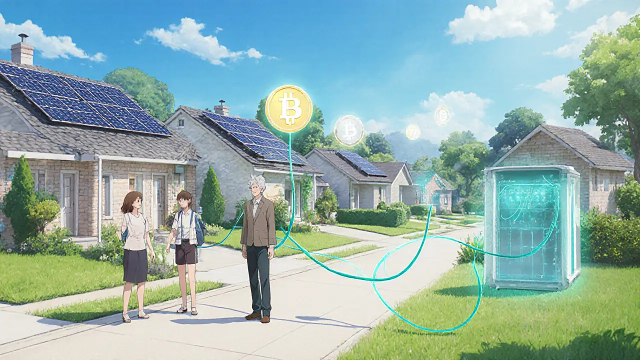 Suburban homes with rooftop solar panels exchanging energy via glowing blockchain ribbons.