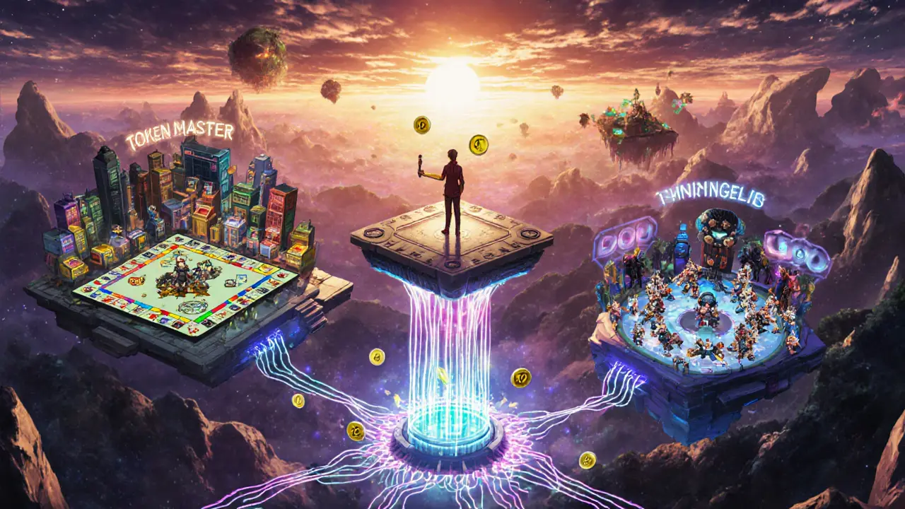 Three MOBOX games floating in a cosmic blockchain sky, connected by glowing tokens leading to a central MOMO mining hub.