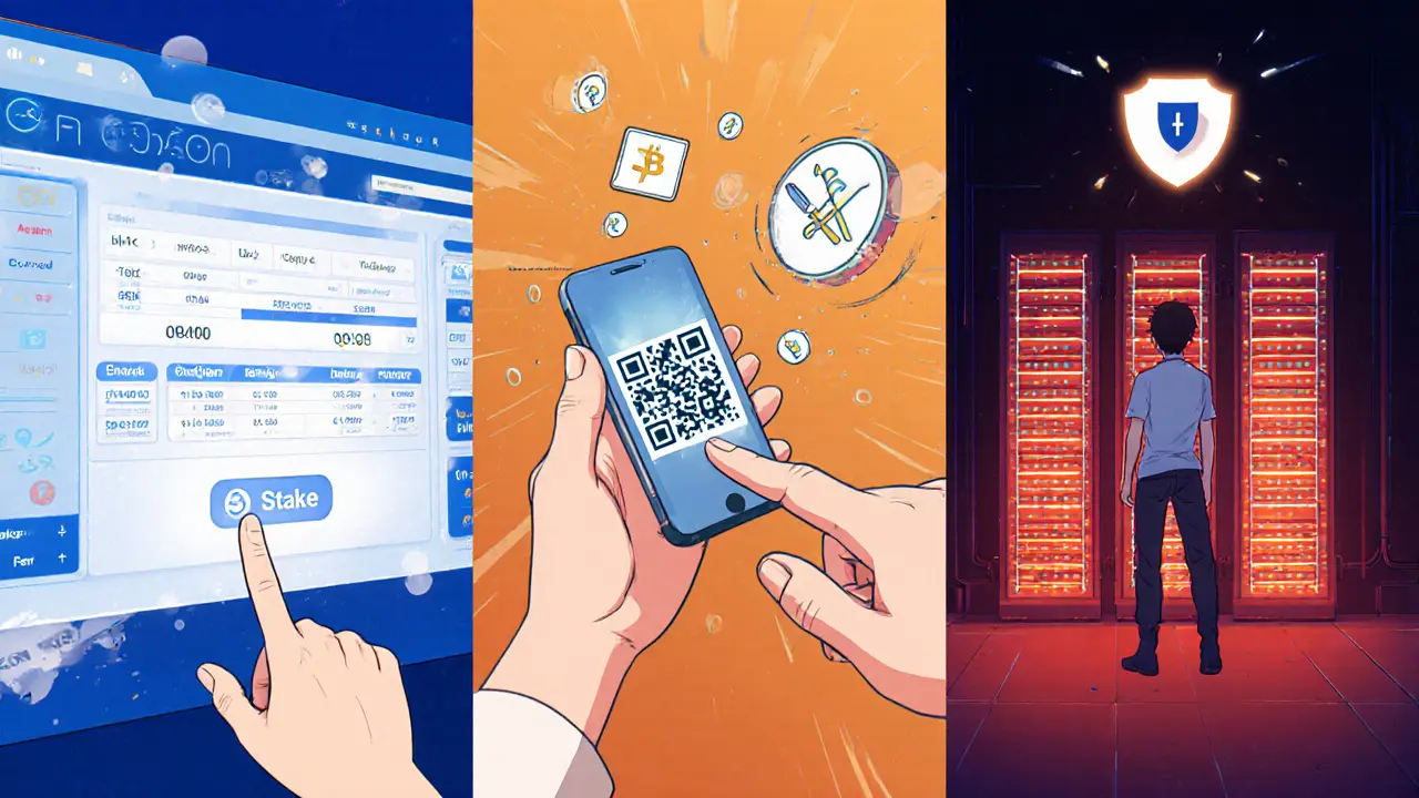 Three‑panel comic showing exchange staking, wallet delegation, and running a validator.