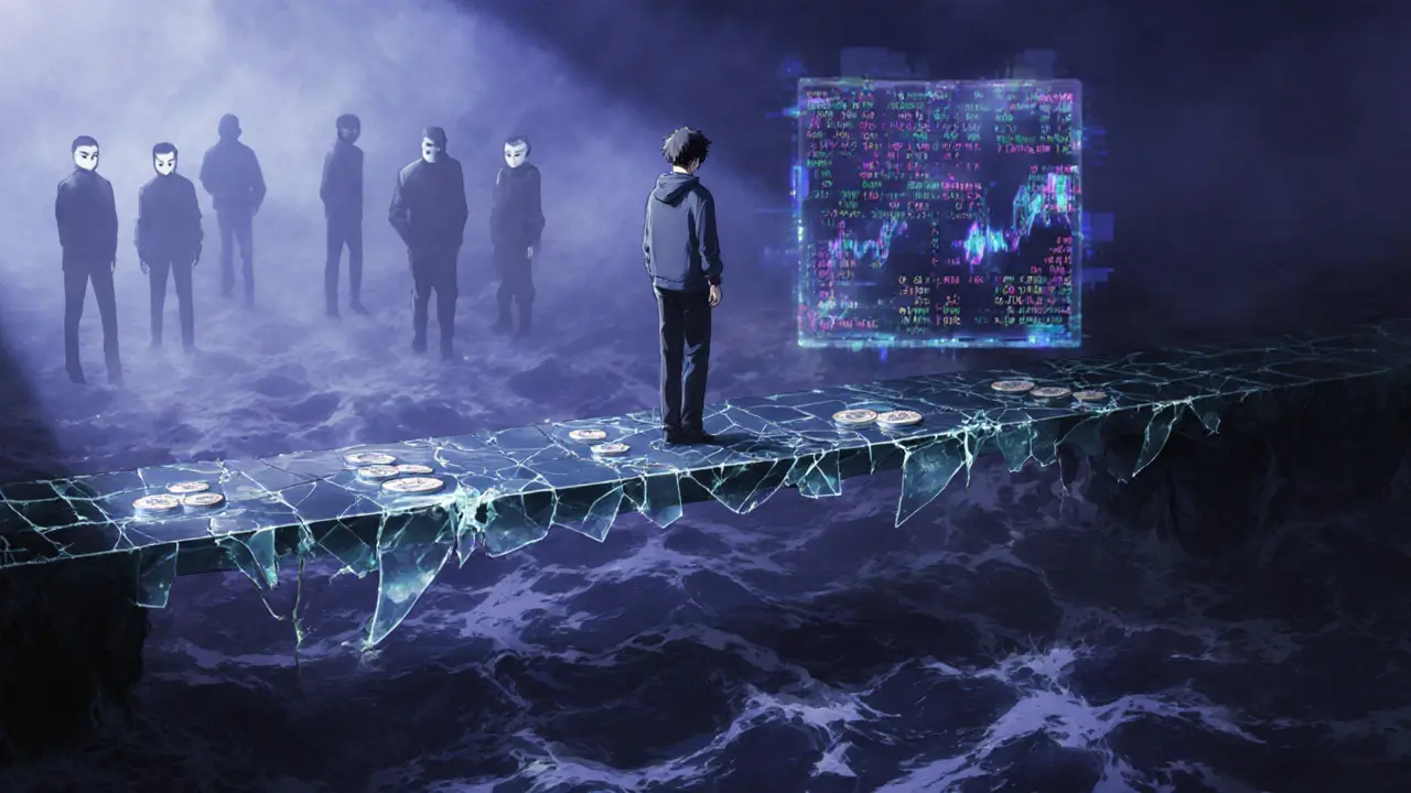 Trader on a cracked glass bridge over a dark river, masked figures loom, showing high risk.