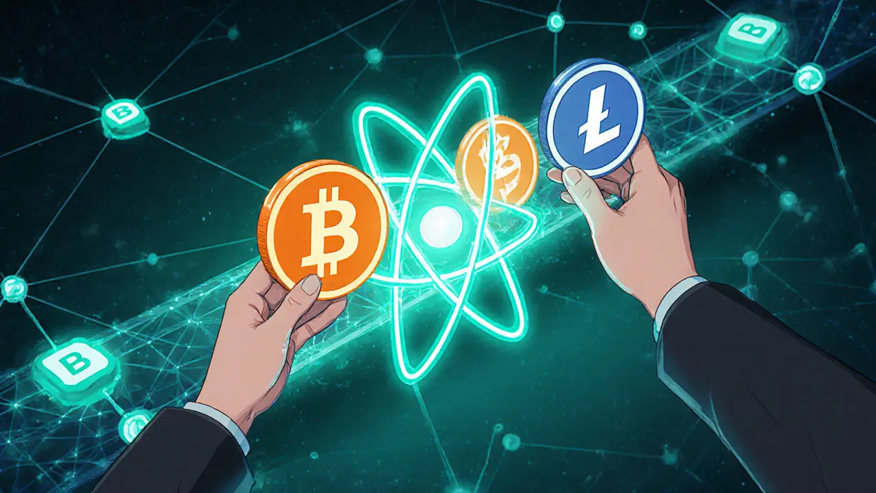 Two people trading Bitcoin and Litecoin via atomic swap bridge