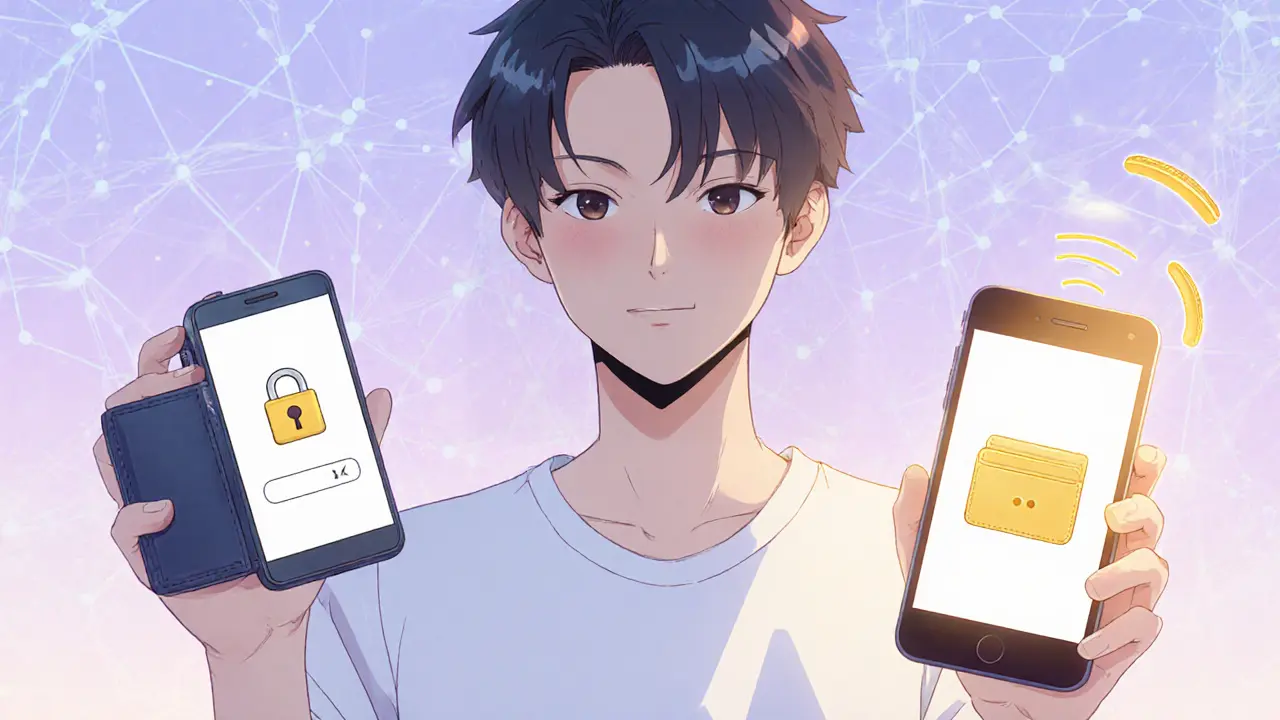 User holding a hardware wallet and a phone with a software wallet app, connected by floating data streams.