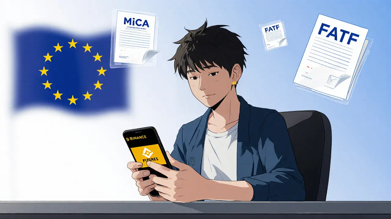 User holding phone with Binance app showing locked futures icons and EU overlay.