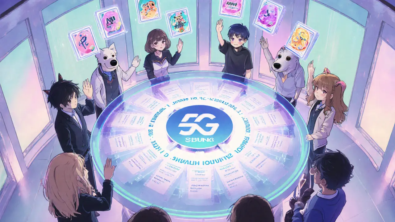 Virtual DAO meeting with avatars and floating Shibonk Gang NFTs around a holographic table.
